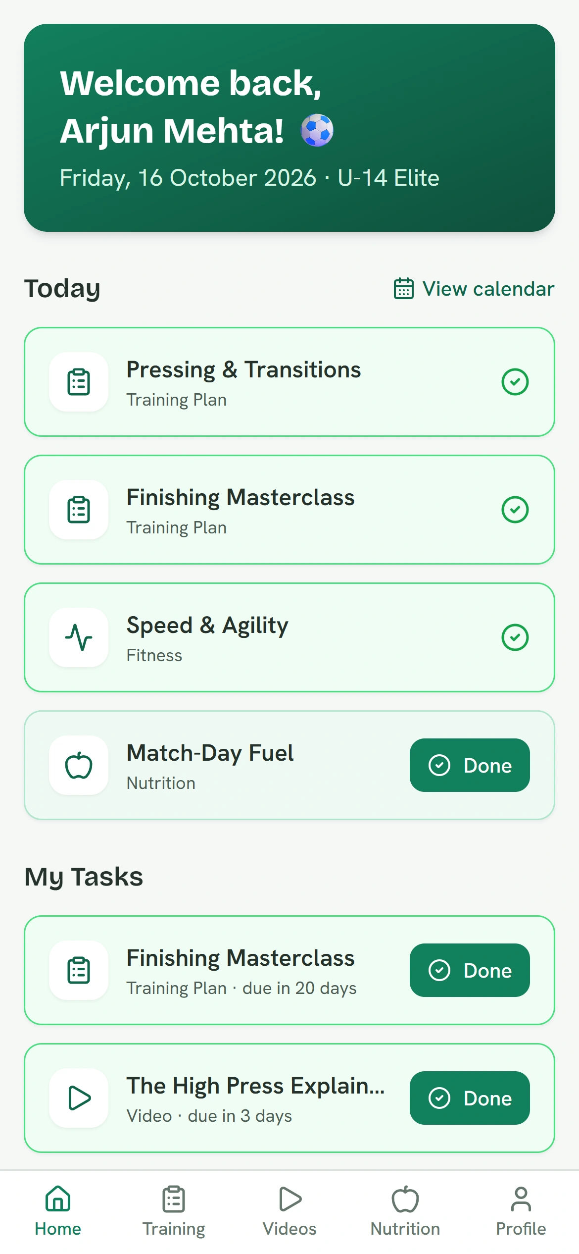 Player home screen with today's tasks